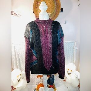 Vintage Women’s Trader Bay multicolor With Leather Patches Pullover Size Medium!